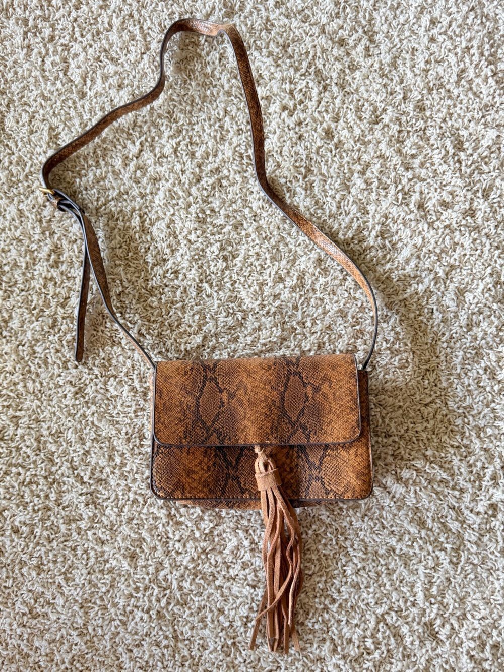 Street Level Snake-Print Crossbody Bag in Brown with Tassel